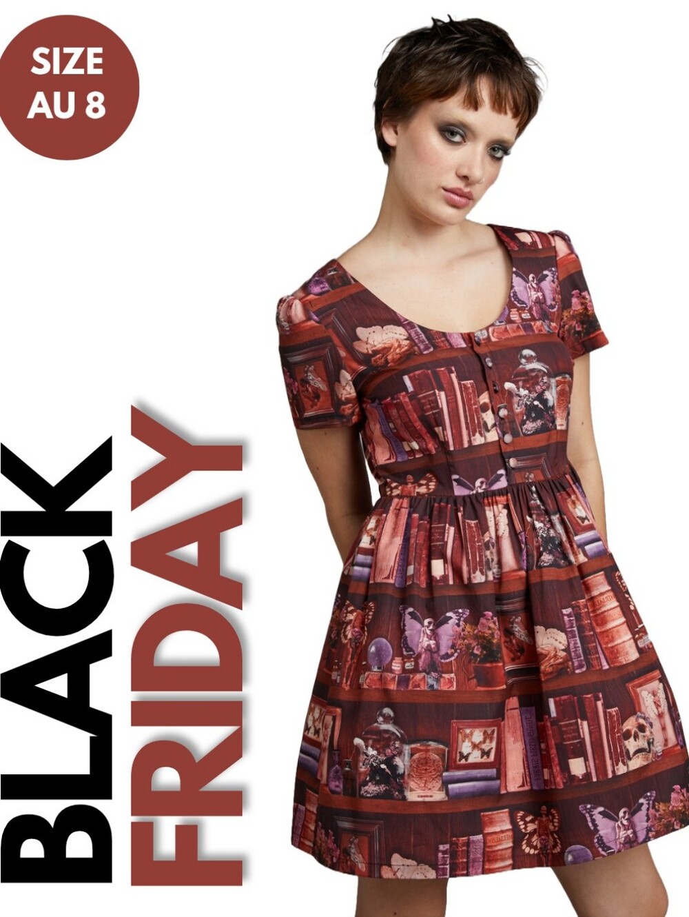 NWT Black Friday Shadows & Bookshelves Skater Dress Size AU 8 *READ DESCRIPTION*